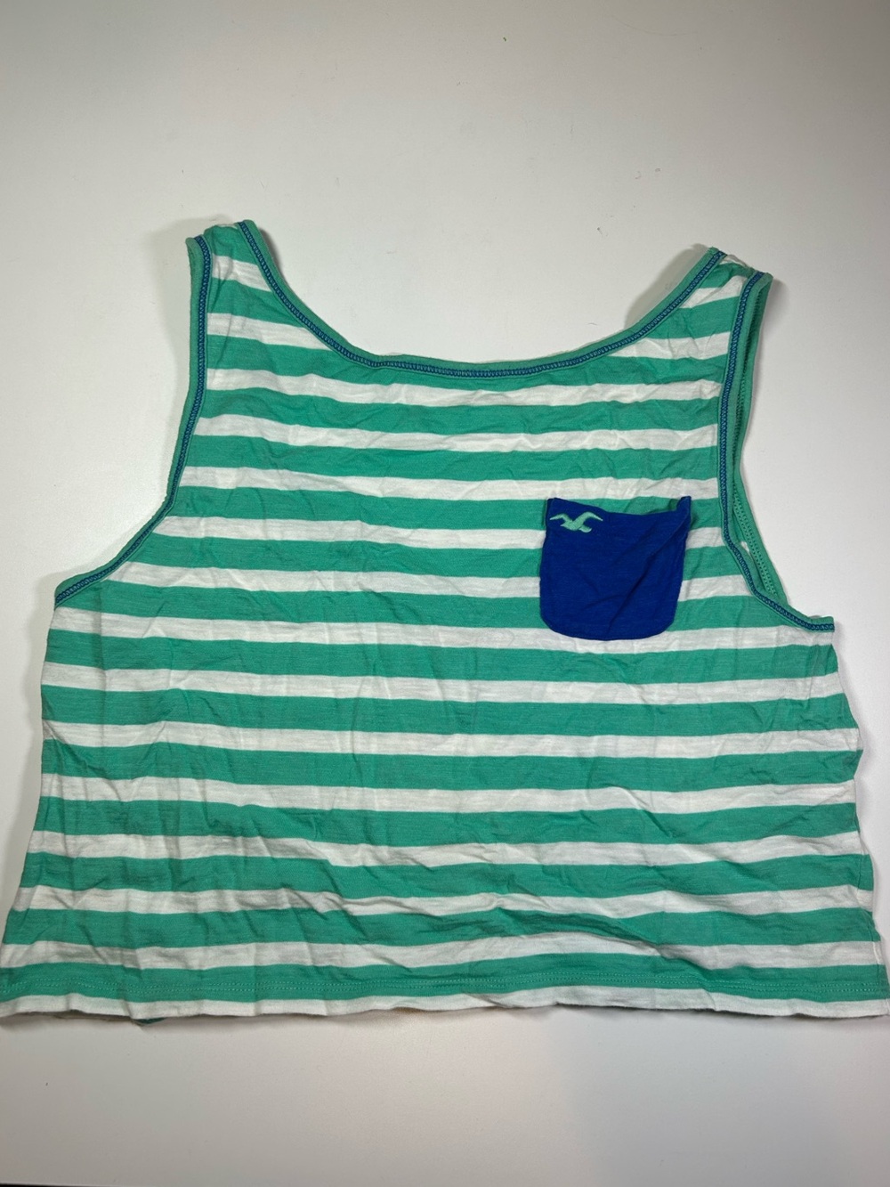 Hollister Women's Medium M Green & White Striped Cropped Tank Blue Stitching
